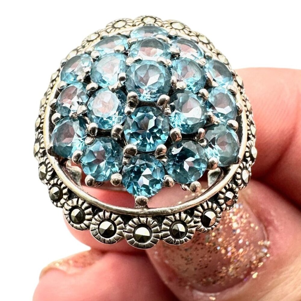 Estate Womens Ring Sterling Silver Blue Topaz Cluster Marcasite Size 9 Signed NF